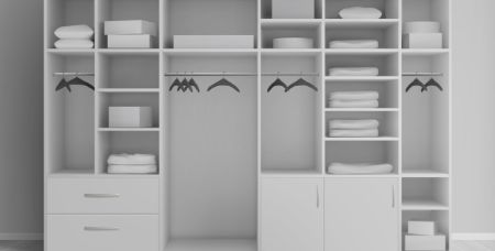 A luxurious white closet elegantly displays neatly folded towels and stylish clothes, showcasing refined 3D design and rendering.