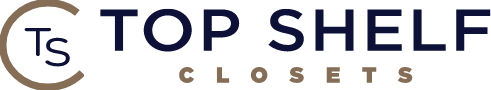 Logo for Top Shelf Closets featuring a stylized Ts inside a partial gold circle, with TOP SHELF in large navy blue letters and CLOSETS in smaller gold letters below—perfect for showcasing custom walk-in closets and storage solutions.