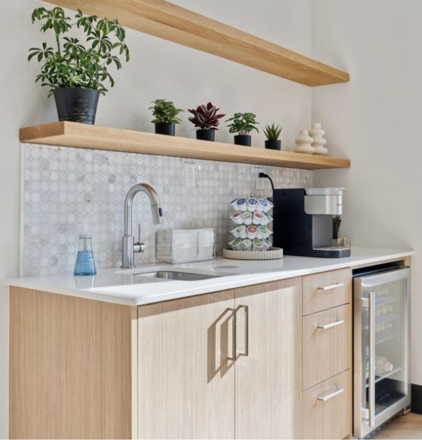 A stylish kitchen featuring a sleek sink, modern refrigerator, and elegant cabinetry, showcasing Wholesale Closet Supplier's offerings.
