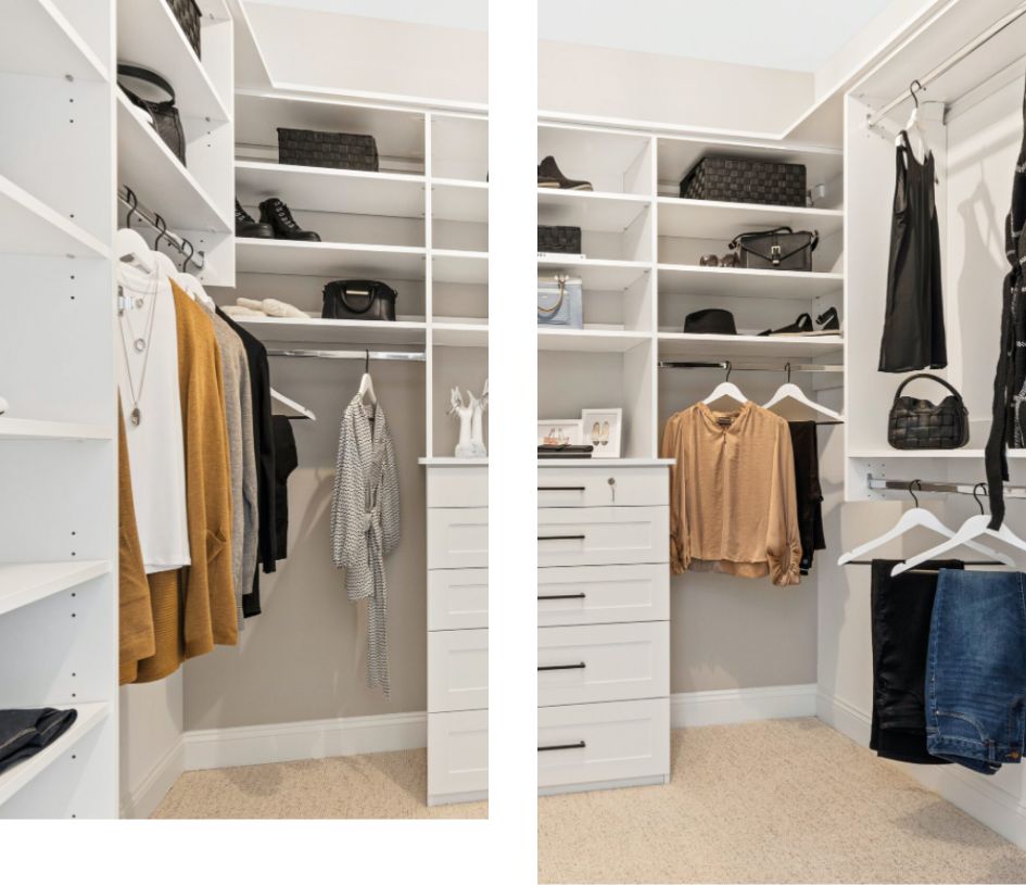 A luxurious walk-in closet featuring elegant white cabinets and drawers by Wholesale Closet Systems.