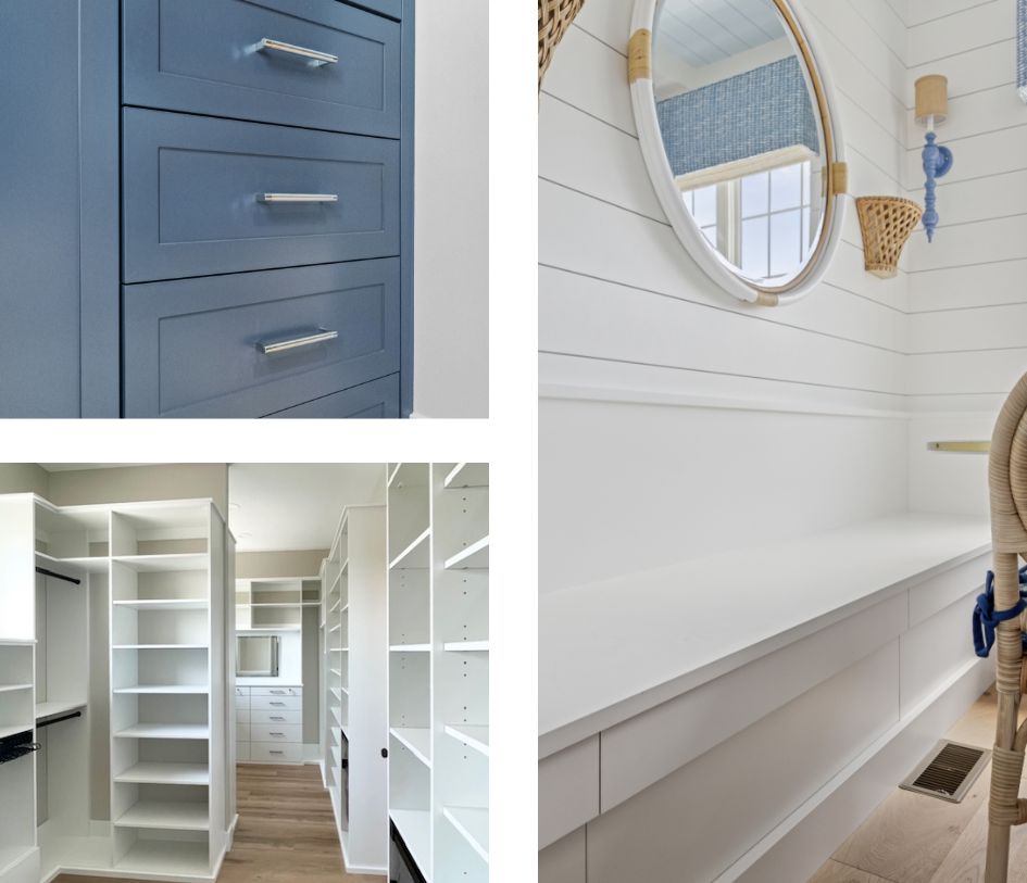 A stylish blue closet, elegant white cabinet, and chic bench showcase a refined transformation of your space.